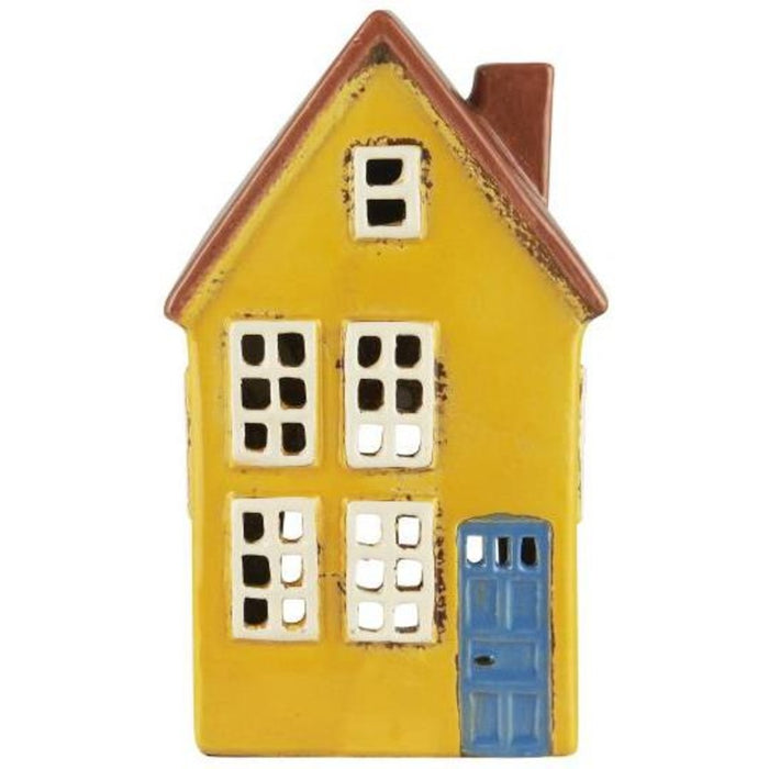 Portatealight a forma di casa in ceramica giallo con porta blu - Nyhavn