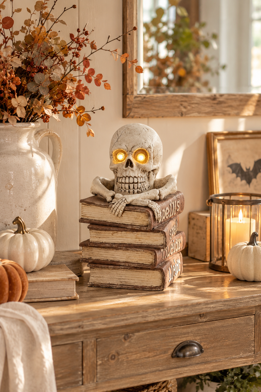 Scheletro Halloween con libri e occhi LED - 30X25X47CM
