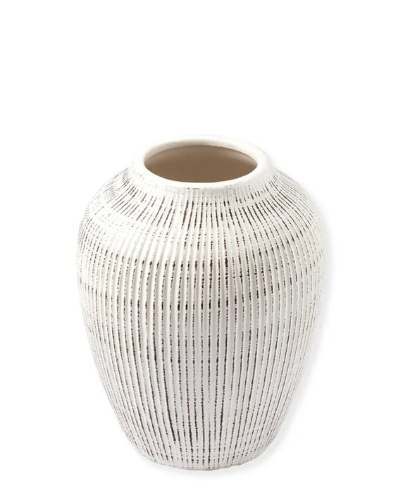 Vaso in ceramica medio con righe bianco H 17 cm