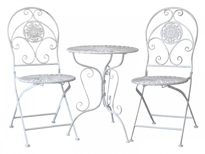Set di tavolo e 2 sedie in ferro bianco con effetto