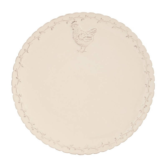 Piatto in ceramica beige con gallina e decoro ai bordi 25.9 cm