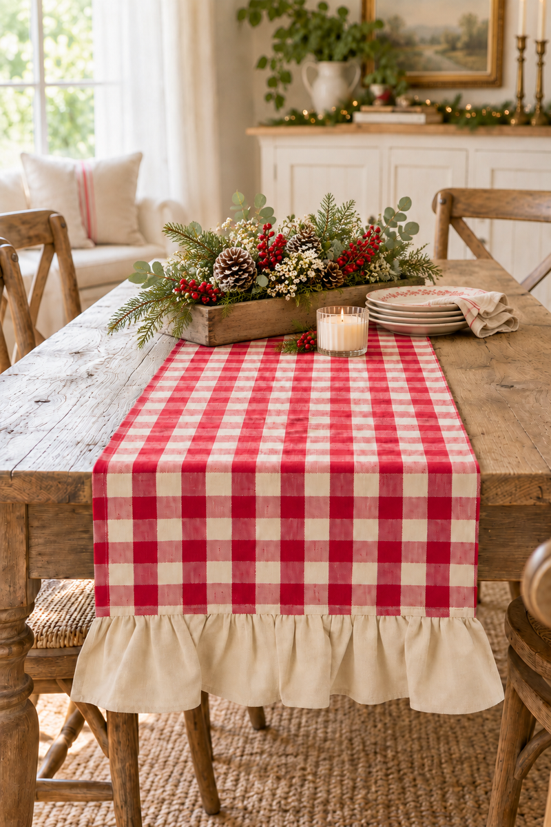 Runner da tavola a quadri rosso con gala 45 x 160 cm - Blanc Mariclò