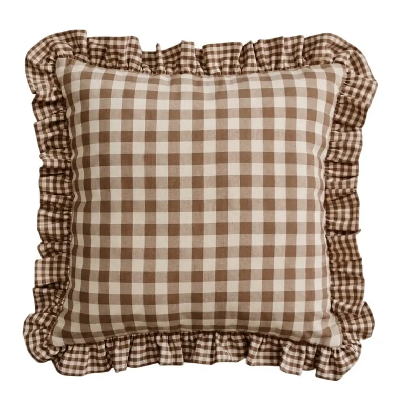 Federa Cuscino Quadri Marrone  40x40 cm con Volant Stile Cottage
