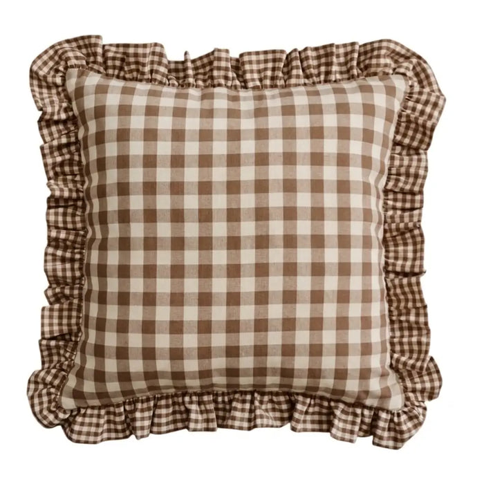 Federa Cuscino Quadri Marrone  40x40 cm con Volant Stile Cottage