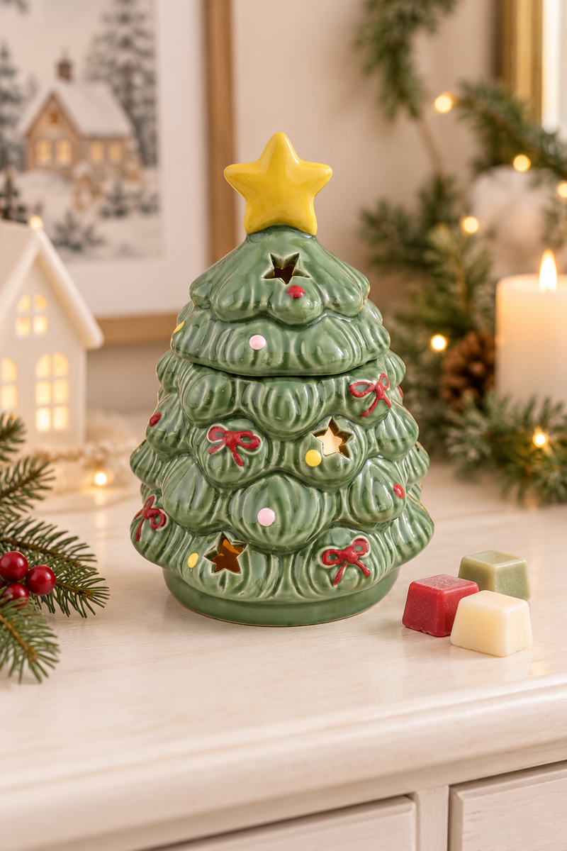 Bruciatore per oli e cere natalizio albero di Natale in ceramica 12 x 11,5 x H 16 cm