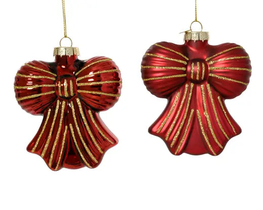 Set 2 Fiocchi Natalizi Rossi in Vetro con Dettagli Oro H 10 cm
