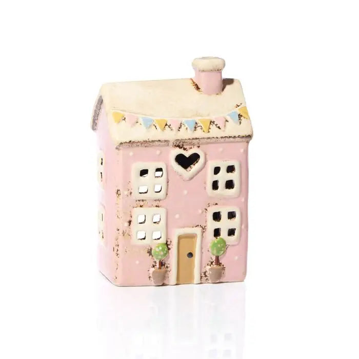 Casetta Porta Tea Light Rosa in Gres con Bandierine 12x9x18 cm