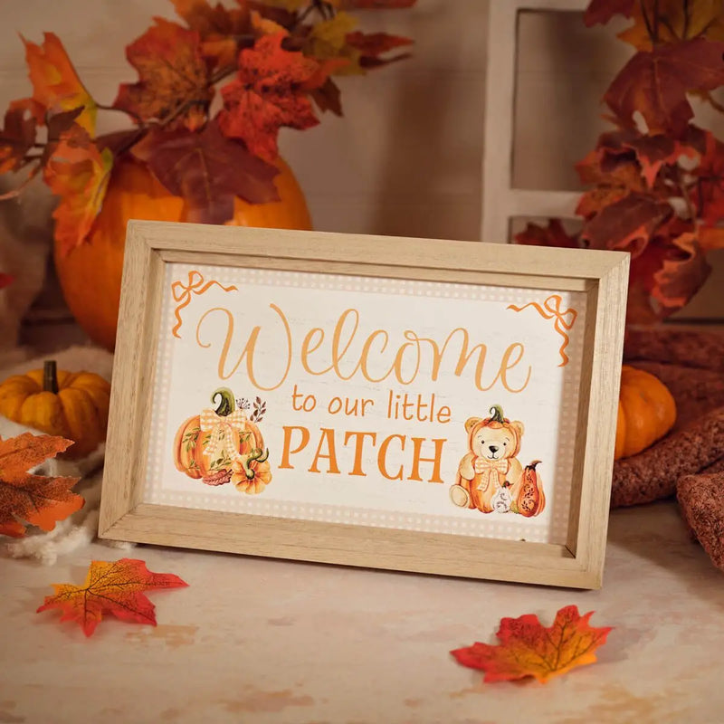 Targa Decorativa Autunnale "Welcome to Our Little Patch" con Cavalletto in Legno