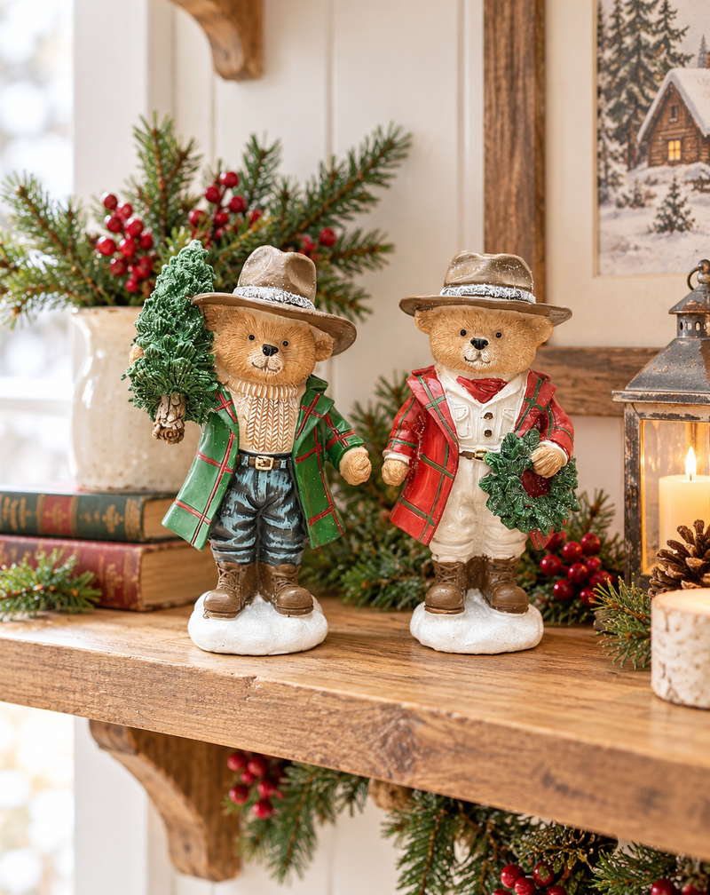Set 2 Orsetti Natalizi Decorativi con Cappello e Abiti Country