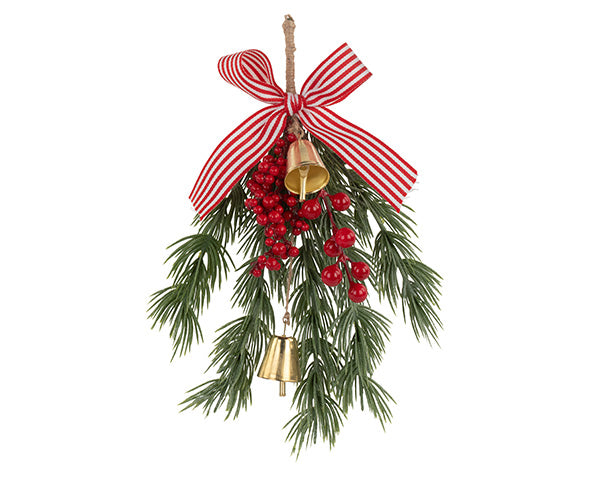 Pick natalizio con fiocco a righe, bacche e campanelli H 27 cm