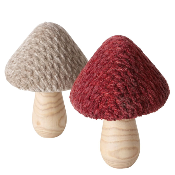 Set 2 funghi legno e poliestere h 14 cm rosso e beige