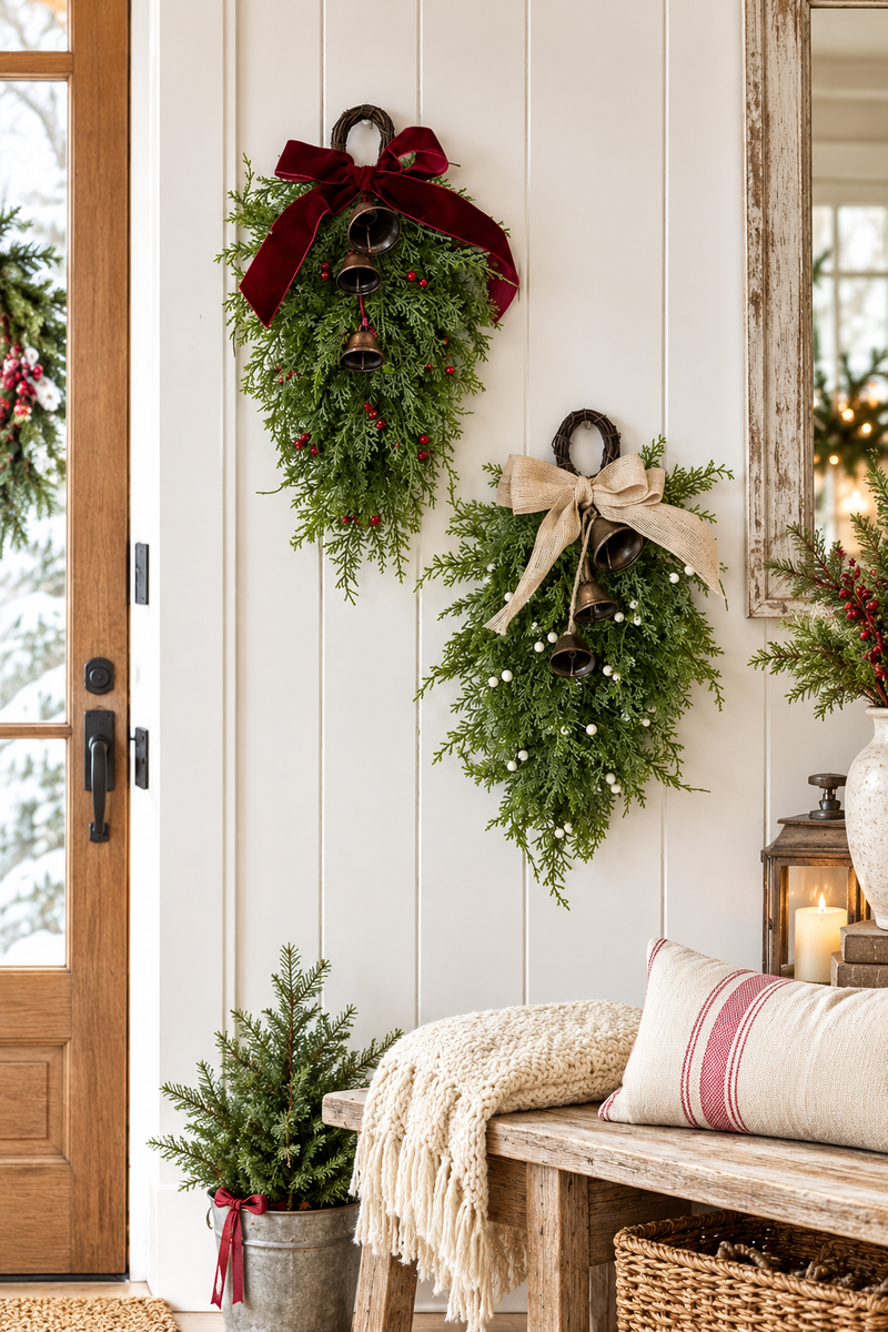 Decorazione Natalizia a Goccia con Campanelli e Fiocco H 43 cm