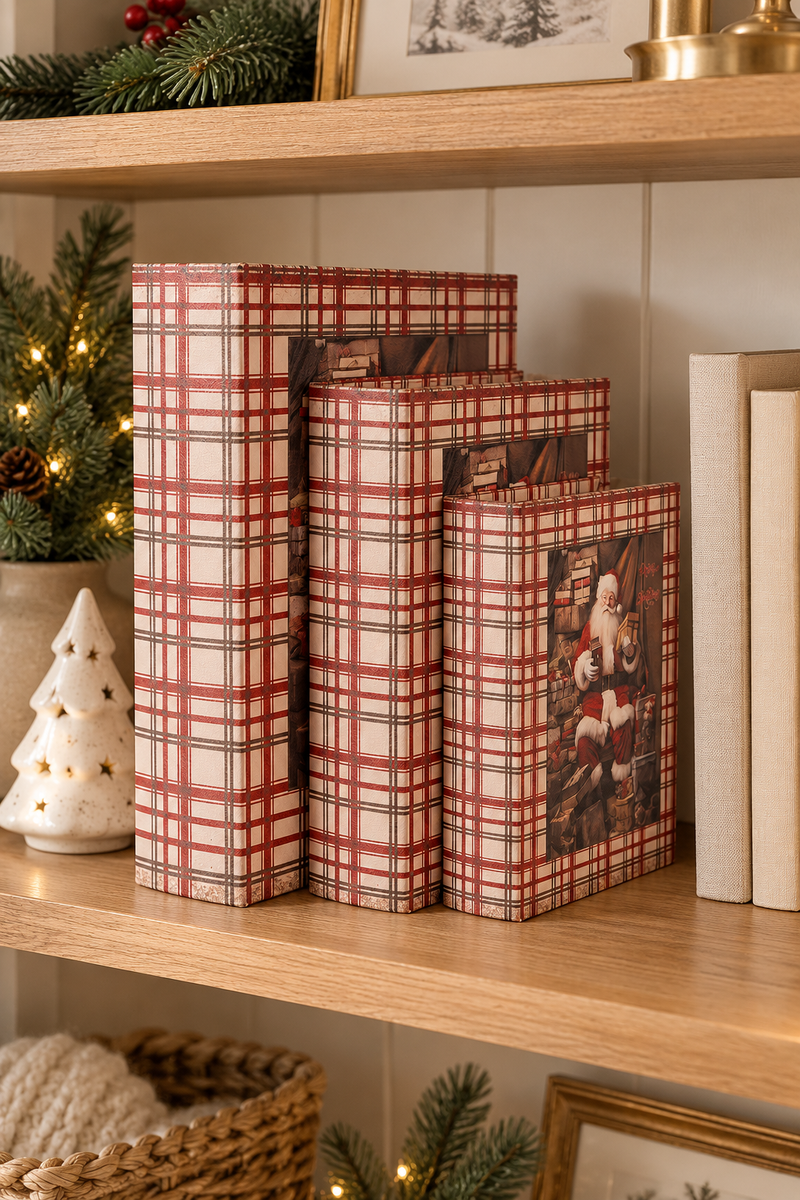 Set 3 scatole libro natalizie tartan con Babbo Natale – 27, 22 e 18 cm