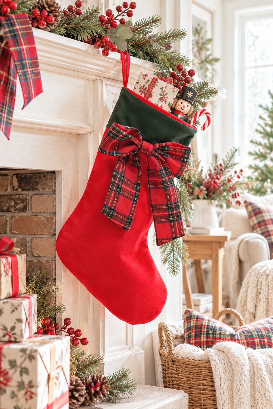 Calza della Befana Natalizia Rossa con Fiocco Tartan