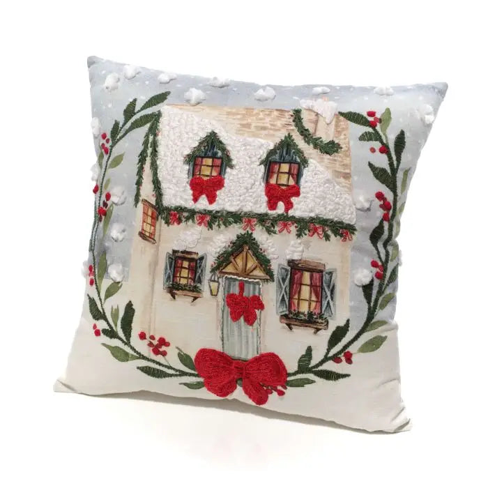 Cuscino Natalizio Cottage con Fiocchi Rossi e Bacche 45×45 cm