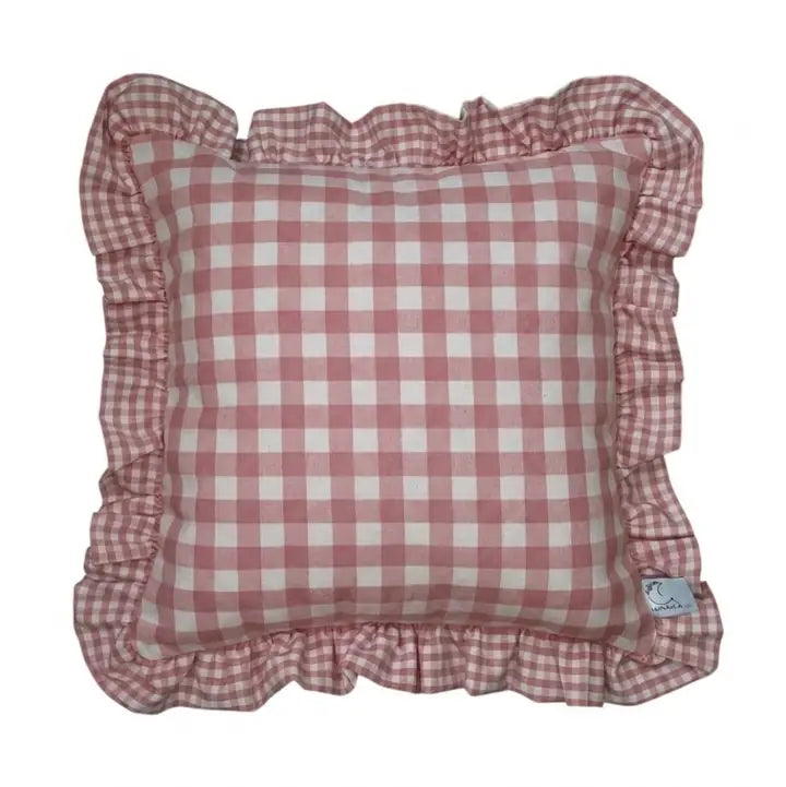 Federa Cuscino Quadri Rosa Antico con Volant 40x40cm