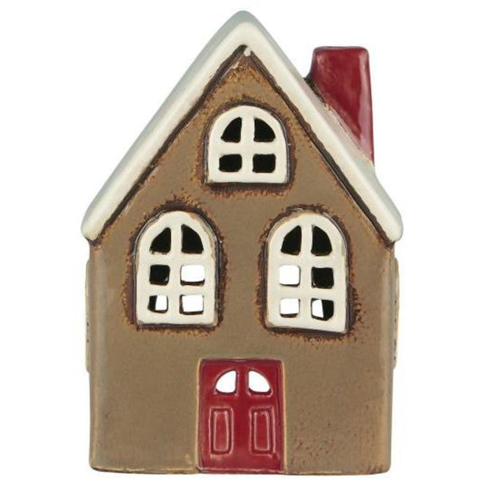 Casa portatealight in ceramica marrone con porta rossa