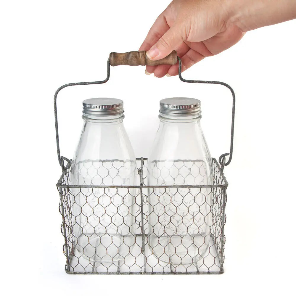 Portabottiglie in Metallo Rosso con 2 Bottiglie in Vetro