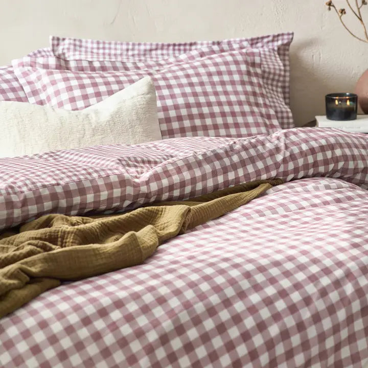 Reversible Duvet Cover or Blanket Set Single Checked Dark Pink