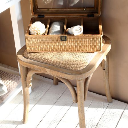 Sgabello Francese Chic Antique in Legno di Caucciù e Rattan