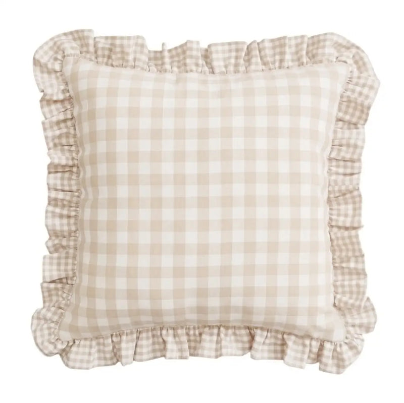 Federa Cuscino Quadri Beige 40x40 cm con Volant Stile Cottage