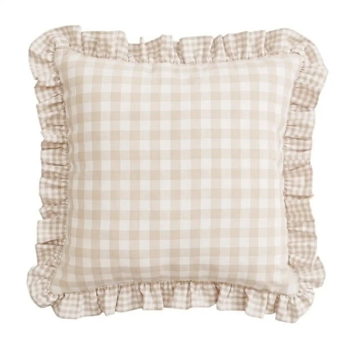 Federa Cuscino Quadri Beige 40x40 cm con Volant Stile Cottage
