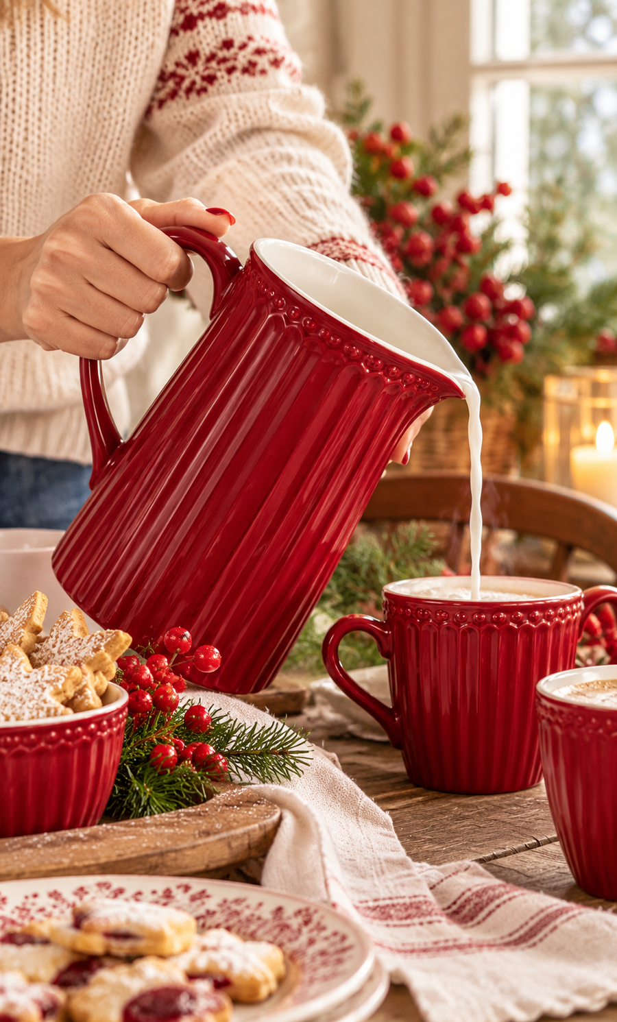 Brocca GreenGate Alice Claret Red da 1 litro in ceramica bordeaux a rilievo, utilizzata per versare latte su una tavola rustica natalizia in stile cottage.