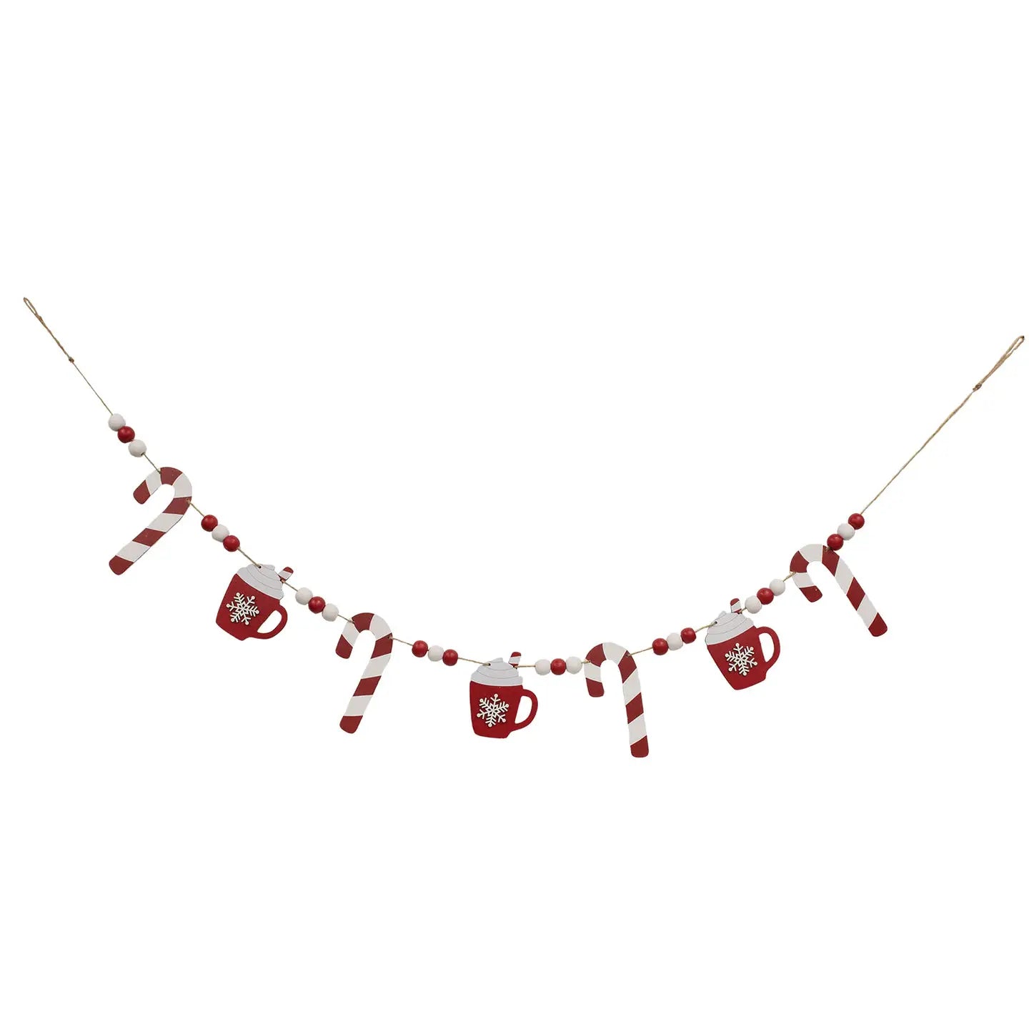 Ghirlanda natalizia in legno con tazze di cioccolata e bastoncini candy cane –