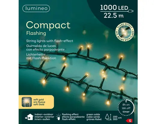 Luci di Natale Compact Lumineo 1000 LED Soft Gold 22,5 m – Effetto Flash