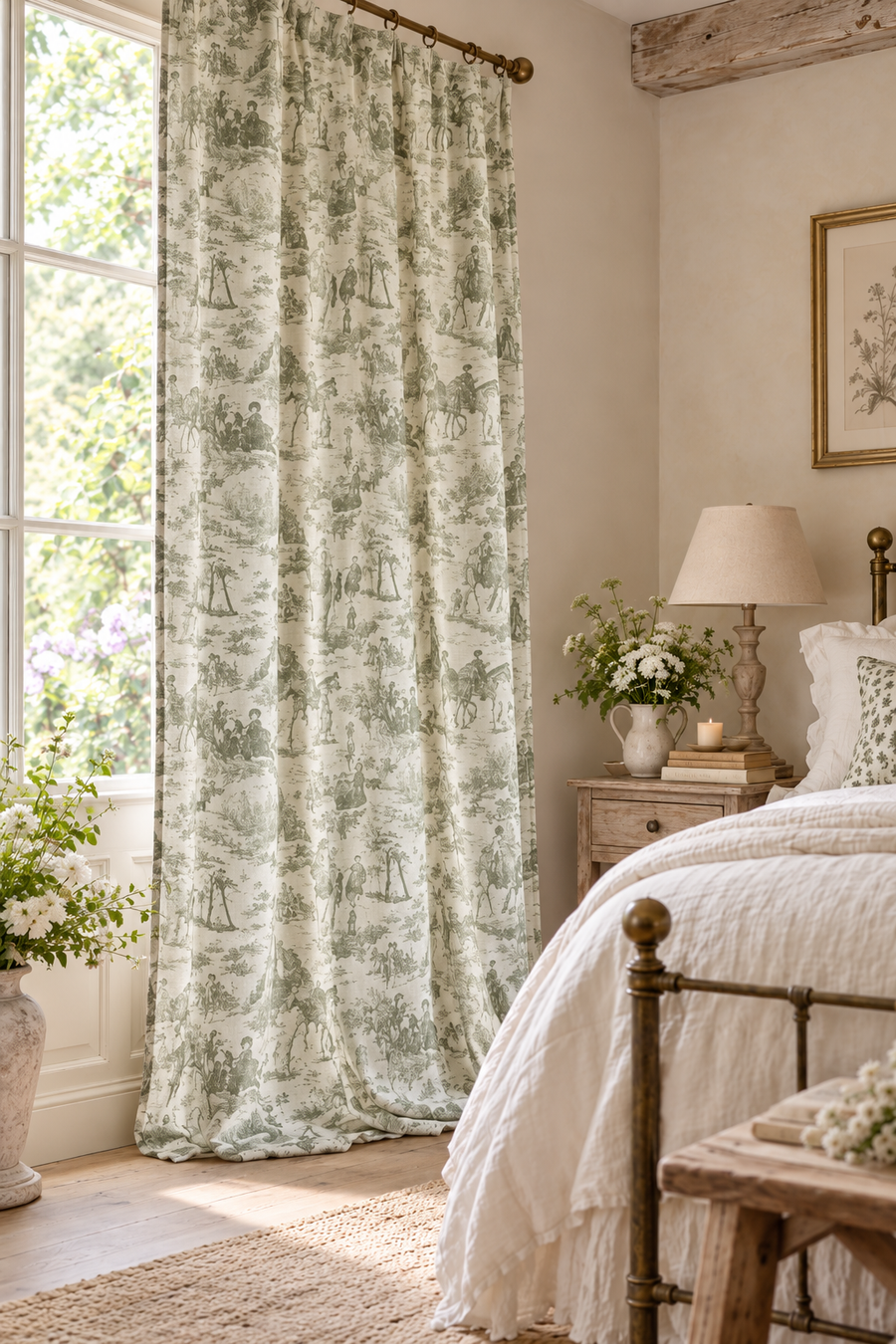 Tenda lunga verde Toile de Jouy 290 X 150cm - Blanc Mariclò