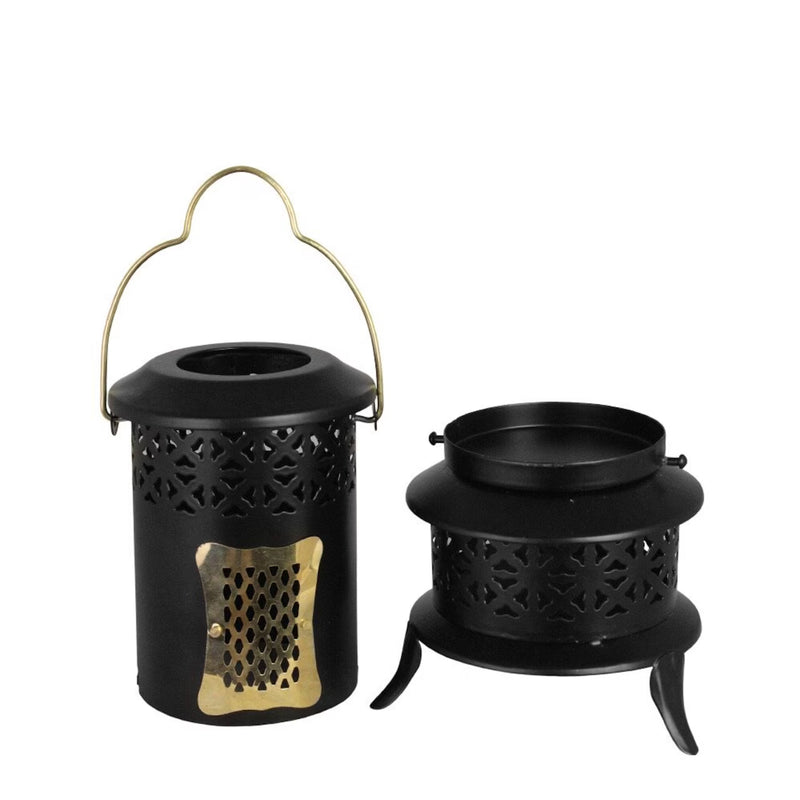 Portacandela a Forma di Mini Stufa in Ferro Nero – 13×23 cm