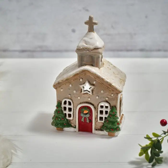 Chiesa Portacandela Tealight natalizia in Gres 13x9x21 cm