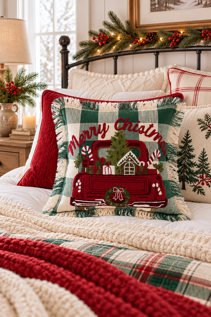 Cuscino Natalizio Merry Christmas con Auto Vintage 45x45 cm – Blanc Mariclò