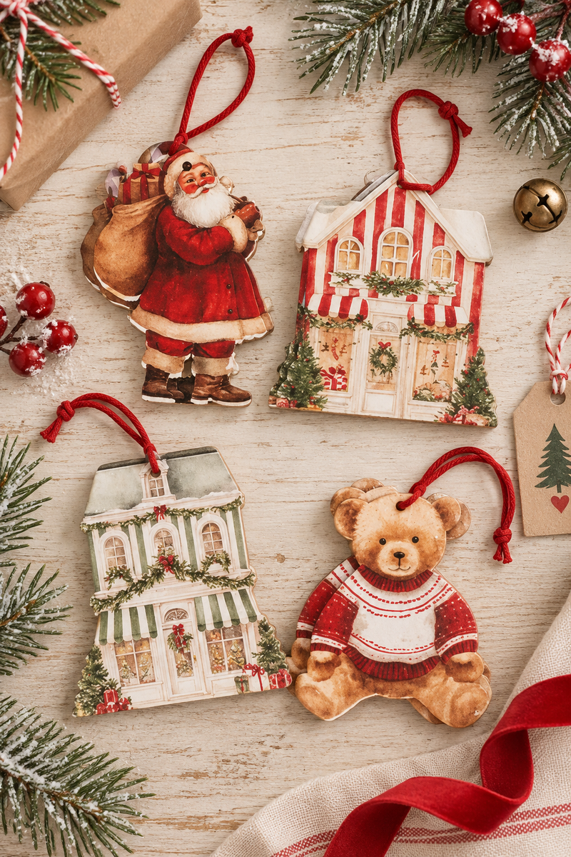 Set 16 decorazioni natalizie in legno Xmas Market H 7,5 cm