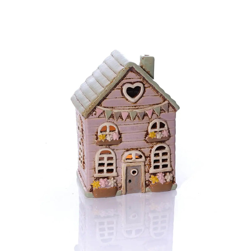 Casetta Portacandela Cottage Rosa in Gres 17,5 cm