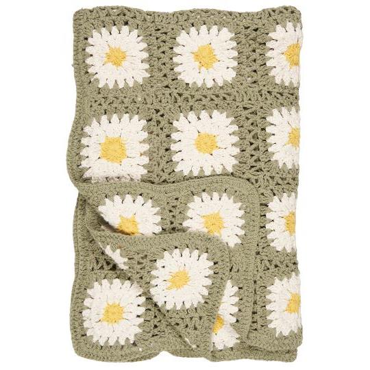 Dusty green crochet blanket with white and yellow flowers Ib Laursen