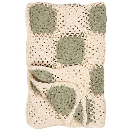 Cream crochet blanket with green squares