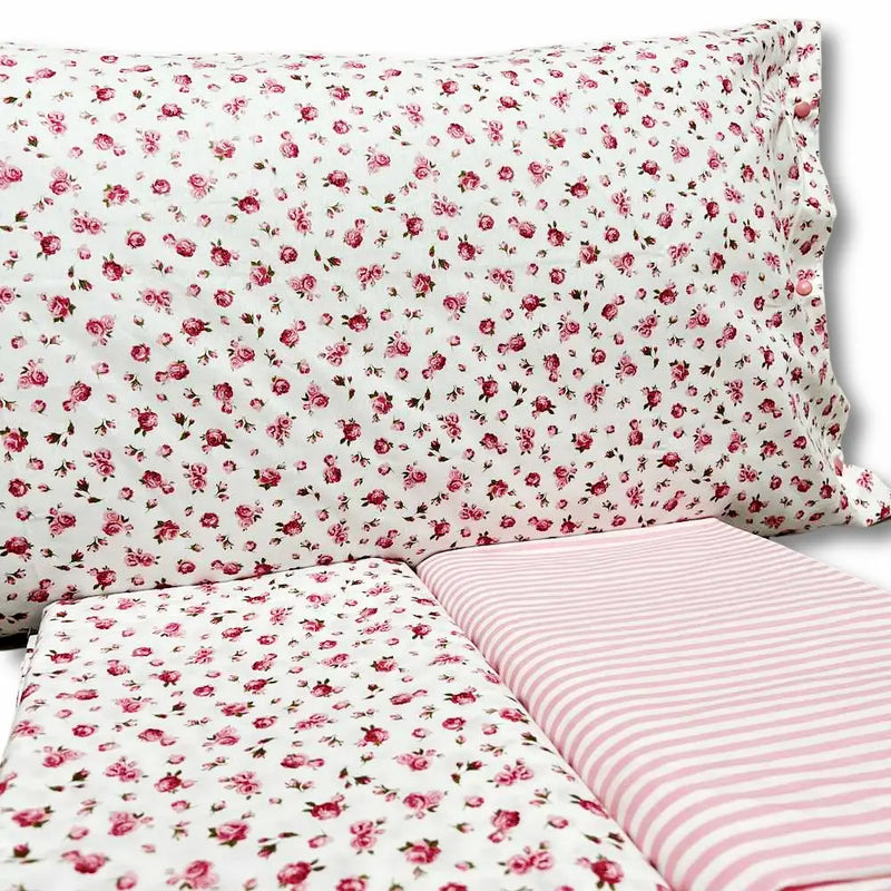 Completo Letto Matrimoniale 100% Cotone Rosa con Roselline