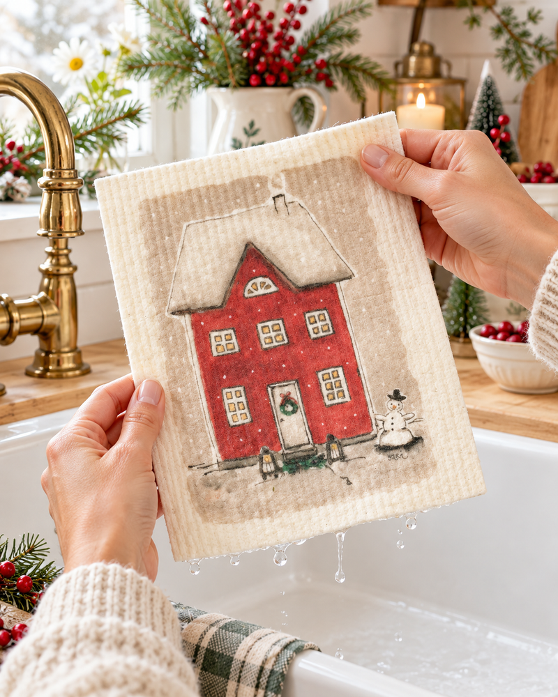 Panno Svedese Natalizio Casa Rossa e Pupazzo di Neve 17x17 cm