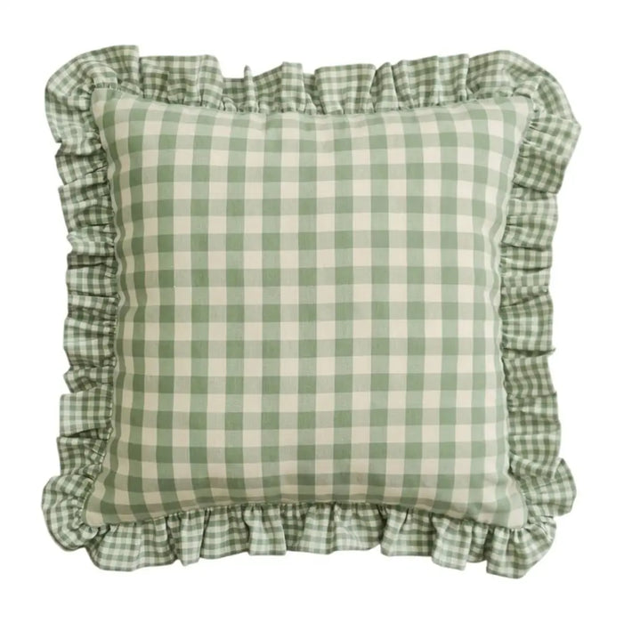 Federa Cuscino Quadri Verde 40x40 cm con Volant Stile Cottage