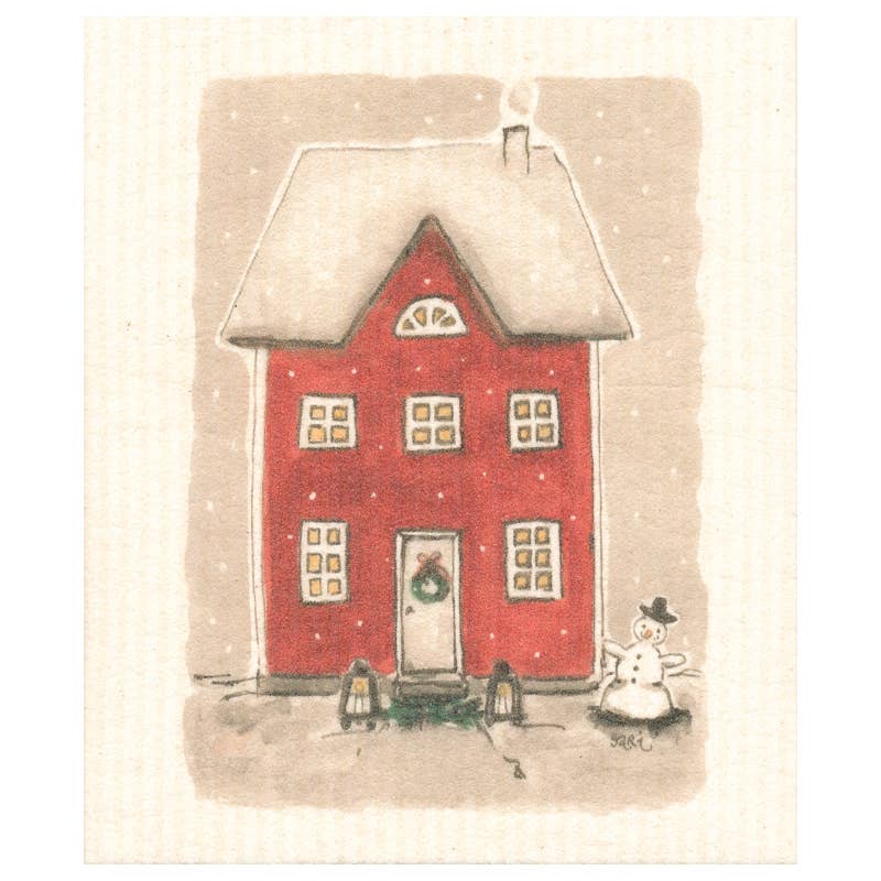 Panno Svedese Natalizio Casa Rossa e Pupazzo di Neve 17x17 cm