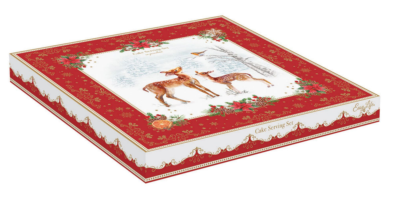 Piatto torta in porcellana con paletta con motivo cerbiatto - Christmas melody