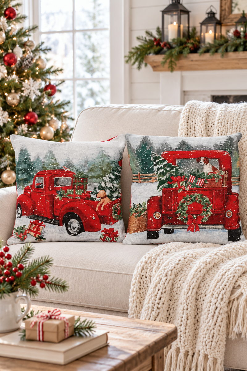Cuscino Natalizio con Camioncino Rosso Vintage 43×43 cm