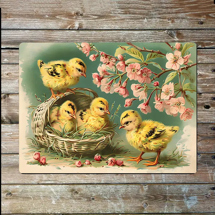 Targa in Metallo con Pulcini di Pasqua Vintage in un Cestino