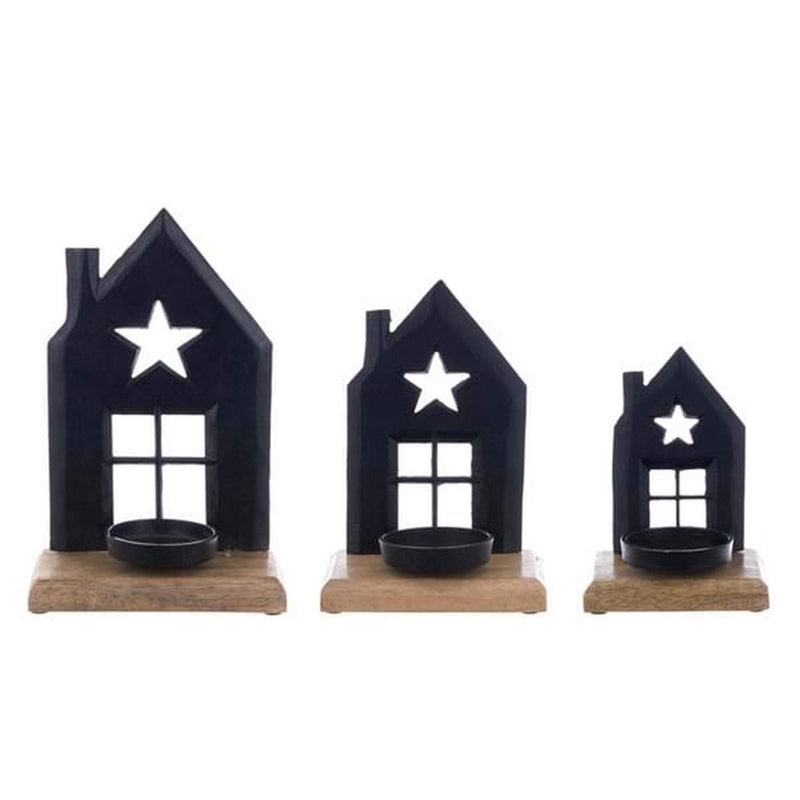 Set 3 decorazione a forma di  casa con portacandele in metallo e legno di mango - STORIA DI CANTASTORI - Arredo Casa da Sogno