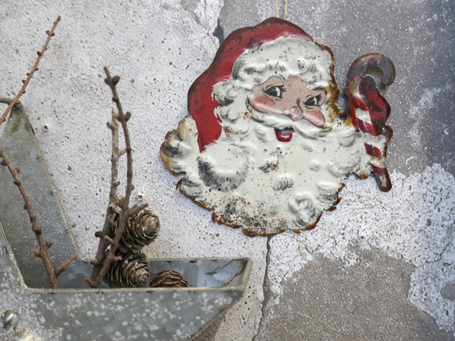 Babbo Natale viso vintage in ferro da appendere h 16 cm