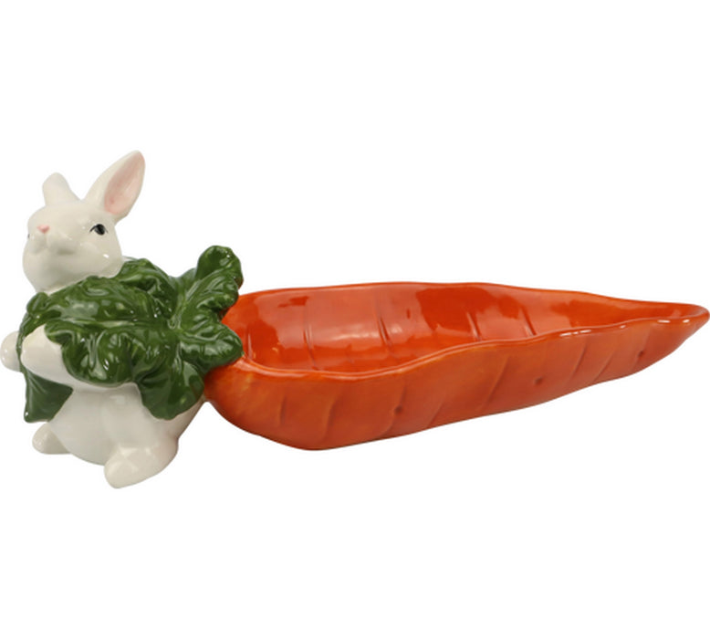 Coniglio con ciotola a forma di carota in ceramica