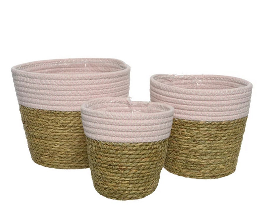 Set di 3 cestini in corda bianco e rosa