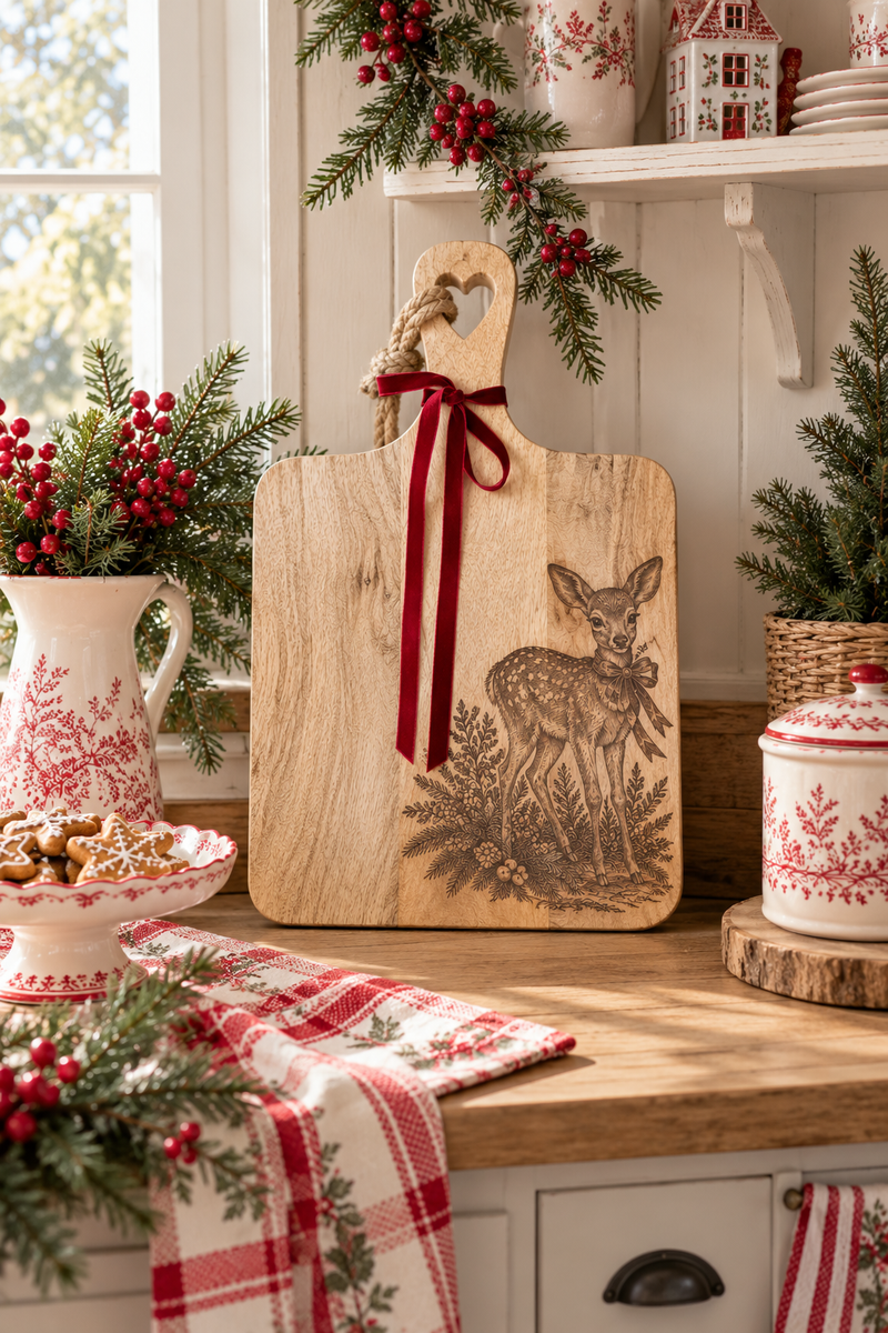 Tagliere Natalizio in Legno di Mango con Cerbiatto e Fiocco Rosso – 39x25 cm