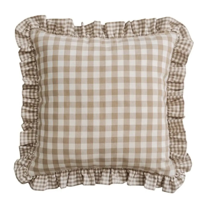 Federa Cuscino Quadri Fango 40x40 cm con Volant Stile Cottage